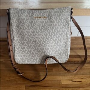 Michael Kors Beige Signature MK Crossbody with Brown Strap